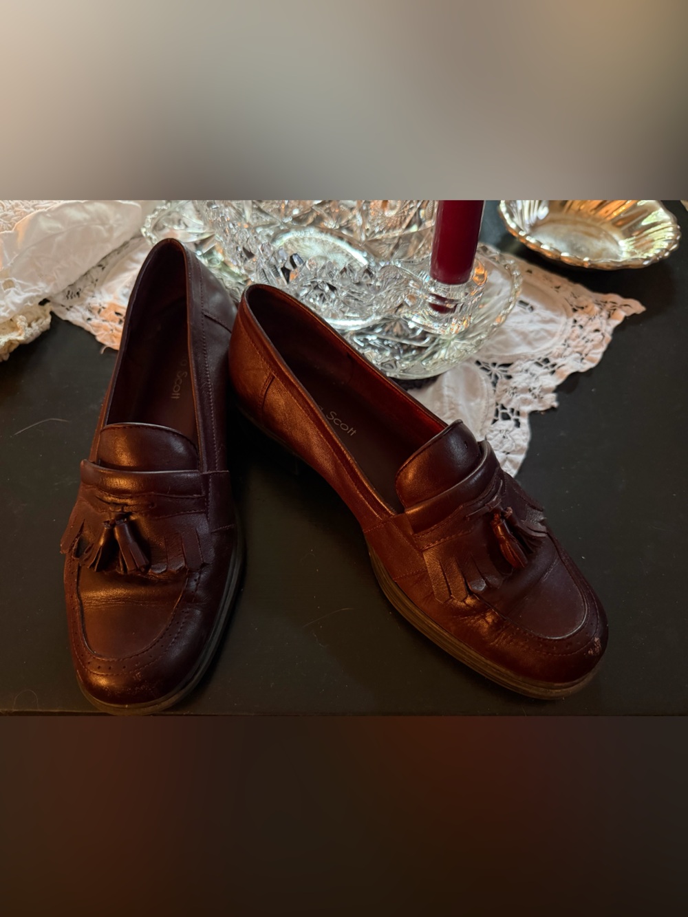 Laura Scott Wine Leather Loafers with Tassel Detail- dark academia, vintage